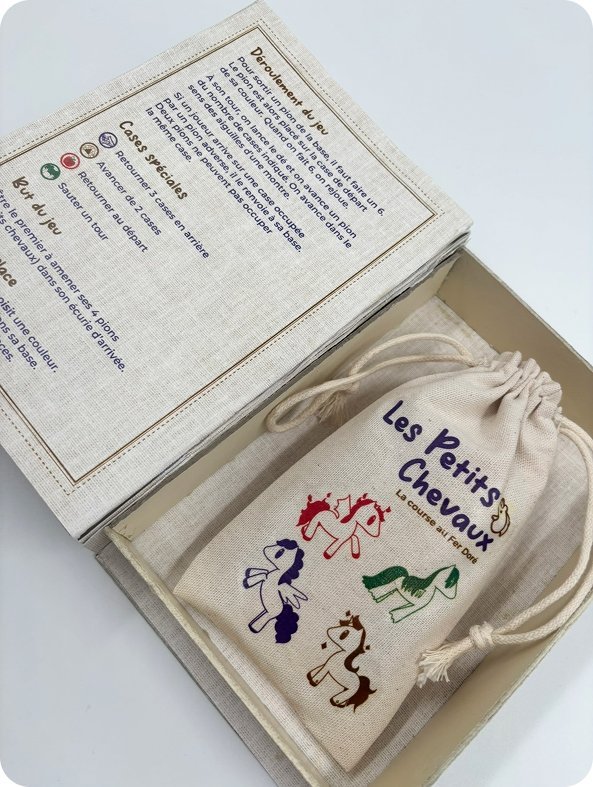 Coffret ouvert avec la règle du jeu et le sachet