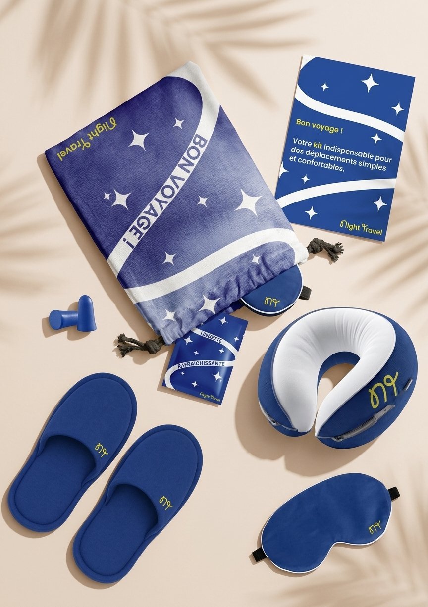 Kit de nuit Night Travel : masque, coussin, chaussons, bouchons d’oreilles